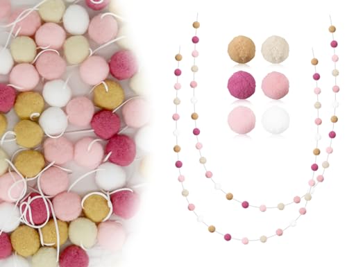 Lhbwhiz 2 Stück Filzkugeln Girlanden,Pompom Girlanden Filzkette Filz Ball Girlande mit 30 Stück Pompom zum Dekorieren im Kinderzimmer or Christbaum Schmuck Girlanden(rosa Rosenfarbe) von Lhbwhiz