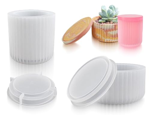 Lhbwhiz 2 Stück Silikonform,Kerzenhalter mit Deckel Gießform,Zylinder Harzgussform,Große Gestreifte Vase Silikon Kerzenform,Epoxidharzform,für Duftkerzen,Handgefertigte,Vorratsgefäß,DIY Harzguss von Lhbwhiz