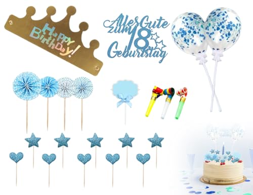 Lhbwhiz 22 Stück Tortendeko 18 Geburtstag,18 Jahre Happy Birthday Kuchendeko,18ter Mädchen Jungen Glitzer Cake Topper,Kuchen Party Dekoration mit Sternen,Konfetti-Luftballons und Papierfächer(Blau) Lhbwhiz 22 Stück Tortendeko 18 Geburtstag,18 Jahre Happy Birthday Kuchendeko,18ter Mädchen Jungen Glitzer Cake Topper,Kuchen Party Dekoration mit Sternen,Konfetti-Luftballons und Papierfächer(Blau) von Lhbwhiz