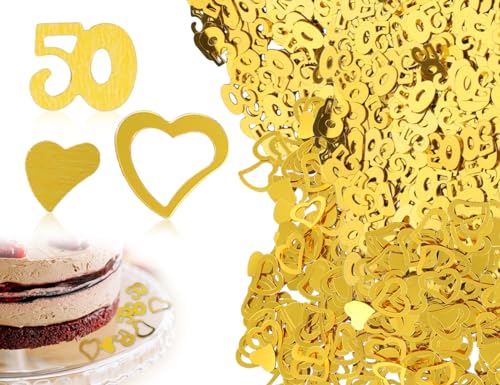 Lhbwhiz 900 Stück 50 Geburtstag Deko Konfetti,300 Stück Konfetti mit Nummer“50” + 600 Stück mit krummen Herzen Konfetti zur 50 Jubiläum Deko, Goldene Hochzeit Deko Geburtstag Deko (Gold) von Lhbwhiz