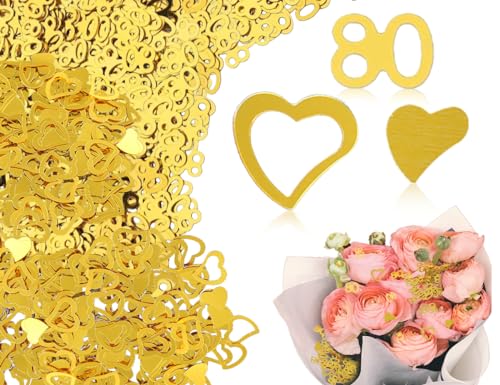 Lhbwhiz 900 Stück 80 Geburtstag Deko Konfetti,300 Stück Konfetti mit Nummer“80” + 600 Stück mit krummen Herzen Konfetti zur 80 Jubiläum Deko, Tischdeko Geburtstag Deko (Gold) von Lhbwhiz