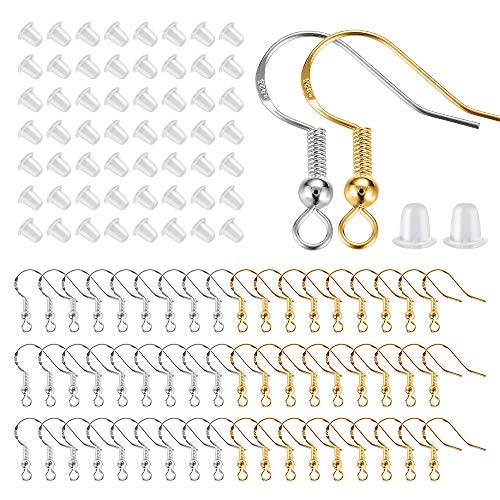 200 Stück/100 Paar Ohrringhaken aus 925er Sterlingsilber und Gold, hypoallergen, Fisch-Ohrringhaken für DIY-Schmuckherstellung, mit 200 Stück weichen Silikon-Ohrring-Verschlüssen von Lhedon