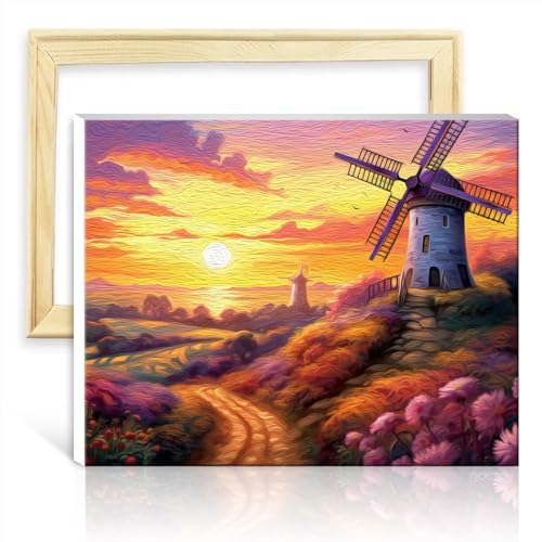 LiHEQING Malen nach Zahlen, holländische Windmühlenlandschaft, Malen nach Zahlen für Erwachsene mit 3 Pinseln und Acrylfarben, Kunstwerk, Malen für Erwachsene, DIY-Rahmen (30 x 40 cm) von LiHEQING