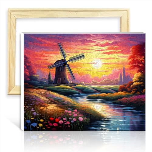 LiHEQING Malen-nach-Zahlen-Set, holländische Windmühlenlandschaft, DIY-Ölgemälde für Erwachsene, Kunst, Malen nach Zahlen für Erwachsene, ohne Rahmen (40 x 50 cm) von LiHEQING