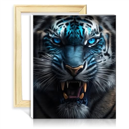 LiHEQING Malset für Leinwandbilder, wilder Tiger mit blauen Augen, Ölgemälde auf Leinwand, für Kinder und Erwachsene, Graffiti-Liebhaber, Bild mit Rahmen (30 x 40 cm) von LiHEQING