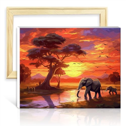 LiHEQING Malset für Wanddekoration, Elefanten, Afrika, Sonnenuntergang, Malen nach Zahlen, Erwachsene, Kinder, Anfänger, als Geschenk zur Heimdekoration, ohne Rahmen (40 x 50 cm) von LiHEQING