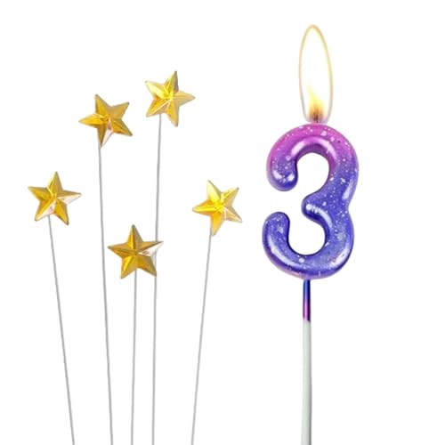 Bunte Zahlenkerzen 3,Geburtstagskerzen Farbverlaufskerzen mit 5 Stück Glitzer Stern Kuchen Topper,Kerzen Kuchen Topper Dekorationen für Jungen Mädchen Geburtstagsfeier Hochzeit Jubiläum von LiJuanWang