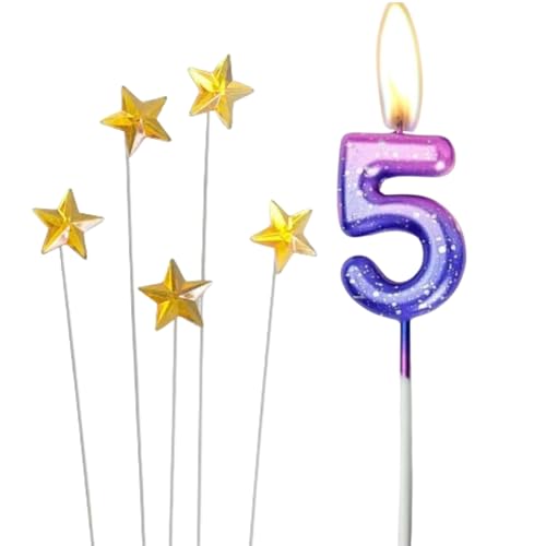 Bunte Zahlenkerzen 5,Geburtstagskerzen Farbverlaufskerzen mit 5 Stück Glitzer Stern Kuchen Topper,Kerzen Kuchen Topper Dekorationen für Jungen Mädchen Geburtstagsfeier Hochzeit Jubiläum von LiJuanWang