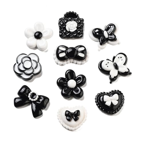LiQunSweet 10 Stück gemischte Stile schwarz und weiß Serie undurchsichtig Harz Cabochons Schleife Blume Schmetterling herzförmige Nohole Perlen für DIY Handwerk Schmuckherstellung Dekorationen von LiQunSweet