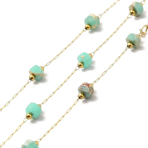 LiQunSweet 10 m lange Kette aus Edelstahl mit Edelstein, unlackiert, mit natürlichem imperialen Jaspis, Säulen-Steinperlen, Kettenrolle für Schmuckherstellung von LiQunSweet