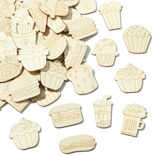 LiQunSweet 100 Stück gemischte Formen, unlackiert, unlackiert, Nachahmung, Lebensmittel, Holz, Holzscheiben, für Kuchen, Getränke, Brot, Bier, Holzscheiben für DIY, Malerei, Kunst, Handwerk, Zuhause von LiQunSweet