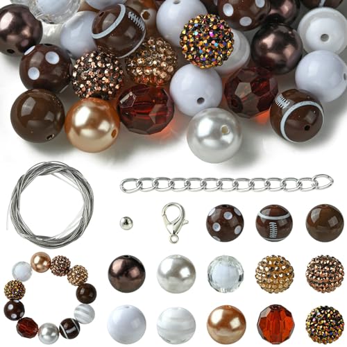 LiQunSweet 20 mm, 50 Stück, gemischte Stile, Rugby-Thema, Kaugummi-Perlen, Bastelset, braun, klobige Discokugeln, Shamballa-Perlen, runde Perlen für selbstgemachten Schmuck, Basteln, Dekoration von LiQunSweet