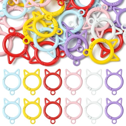 LiQunSweet 30 Stück 6 Farben Federtorringe Katzenform Trigger Spring O Ring Karabinerhaken Verschluss Ringe Schlüsselanhänger Karabinerhaken für Schlüsselanhänger, Taschen, Geldbörsen, Handtaschen von LiQunSweet