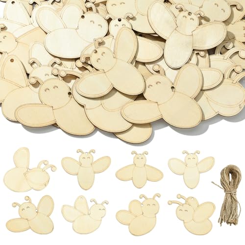 LiQunSweet 40 Stück 8 Stile Bienen-Form unlackierte Blanko-Holzausschnitte Charms mit Hanfseil Frühling Insekten Tier Holzscheiben für DIY Malerei Kunst Handwerk Zuhause Wand Party Verzierungen von LiQunSweet