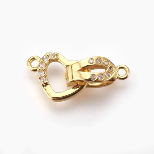 LiQunSweet 5 Sets goldene Herz-Verschlüsse aus Messing, Mikro-Pavé-Faltung, Zirkonia, Liebesform, Verlängerungsverschlüsse für selbstgemachte Armbänder, Halsketten, Fußkettchen, Schmuckherstellung von LiQunSweet