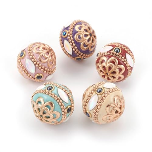 LiQunSweet 5 Stück gemischte Farben rund mit Blume Indonesien Polymer Clay Perlen Bubble Bohemian Spacer Perlen für DIY Schmuck Armband Halskette Ohrring Handwerk Schlüsselanhänger Tasche Dekor von LiQunSweet
