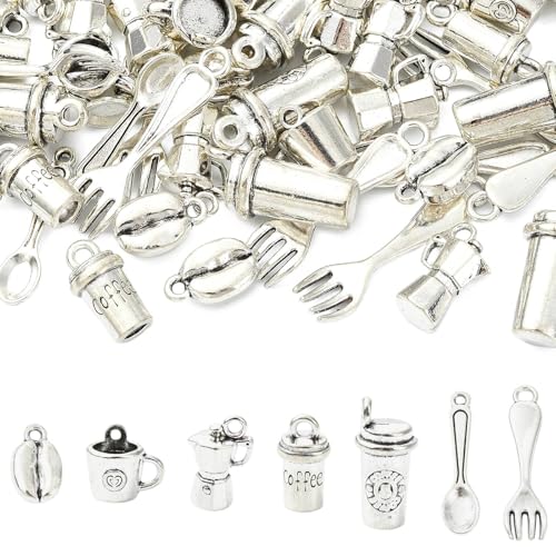 LiQunSweet 70 Stück 7 Stile Kaffeebohnen-Anhänger im tibetischen Stil, antikes Silber, Kaffeebohnen, Tasse, Maschinen-Charms für DIY-Schmuck, Armband, Halskette, Ohrringe, Tasche, Schlüsselanhänger von LiQunSweet