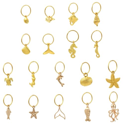 LiQunSweet 90 Stück 18 Stile goldene Farbe Ozeanmotiv Haargummis Charms Meerestiere Charms mit Eisen-Binderingen für Haardekoration, Zöpfe, DIY-Schmuck, Armband, Halskette, Ohrringe, Tasche von LiQunSweet