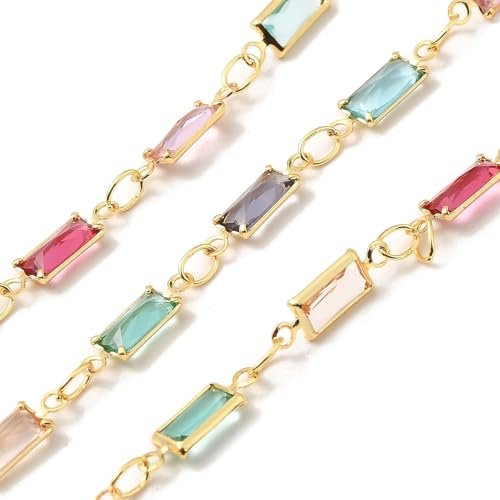 LiQunSweet Handgefertigte Messinggliederkette mit bunten, rechteckigen Glasgliedern, unlackierte Kette, vergoldete Ketten für Schmuckherstellung, Armbänder, Halsketten, Fußkettchen, DIY, 5 m von LiQunSweet
