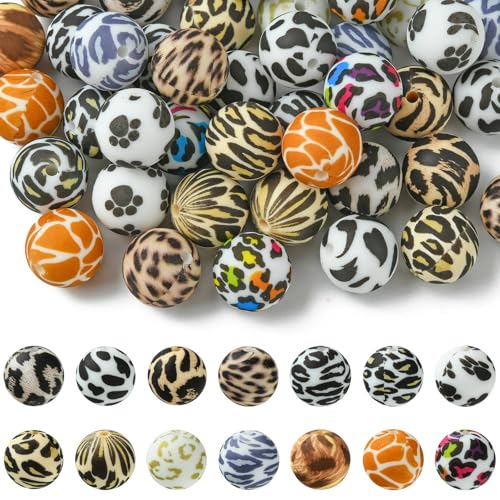 LiQunSweet Runde Silikonperlen mit Leopardenmuster, 15 mm, mit Tierdruck, für Schmuck, Schlüsselanhänger, Stifte, Basteldekoration, 50 Stück von LiQunSweet