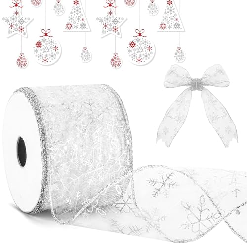 Silbernes Organzaband, glitzernde Schneeflocke, Drahtband für Weihnachtsbaumdekoration, Geschenkverpackung, DIY Handwerk (2,5 x 9,8 m) von LiTaiJingNice