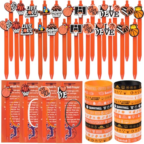 LiYiQ 72 Stück Basketball-Partygeschenke, Basketball-Team-Geschenke, Basketball, Goodie-Taschen, Füller, Basketball, Kugelschreiber, Lesezeichen, Karte und Silikon-Armband von LiYiQ