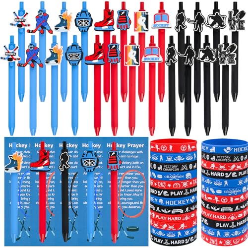 LiYiQ 72 Stück Hockey-Partygeschenke, Hockey-Team-Geschenke, Hockey-Geschenktüten, Füller, Hockey-Kugelschreiber, Lesezeichen, Karte und Silikon-Armband von LiYiQ