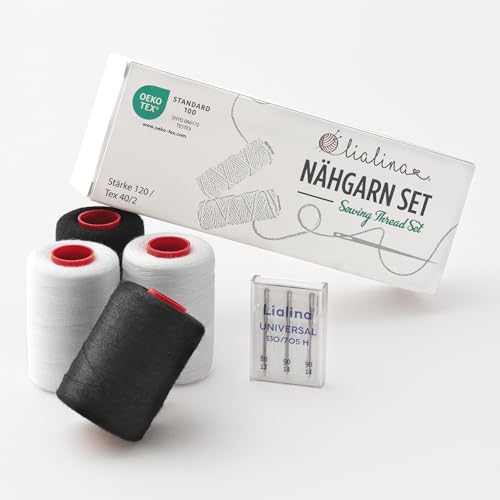 Lialina/Nähgarn Set inkl. Nähmaschinennadeln / 4 x 1000 m Weiß & Schwarz / 100% Polyester/OEKO-TEX/Stärke 120 / Reißfestes Nähgarn für Haushaltsnähmaschine von Lialina