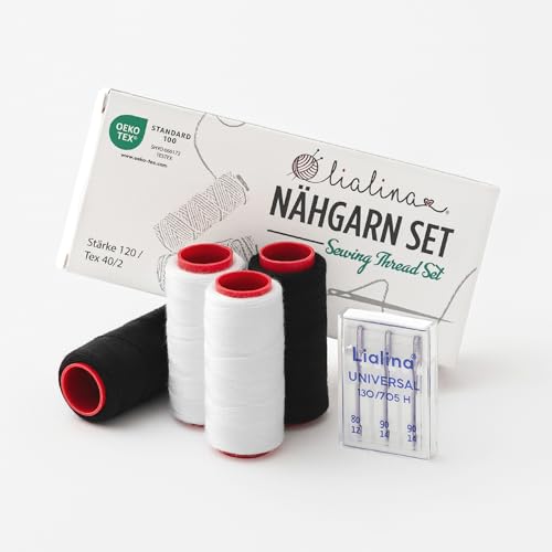 Lialina/Nähgarn Set inkl. Nähmaschinennadeln / 4 x 250 m Weiß & Schwarz / 100% Polyester/OEKO-TEX/Stärke 120 / Reißfestes Nähgarn für Haushaltsnähmaschine von Lialina
