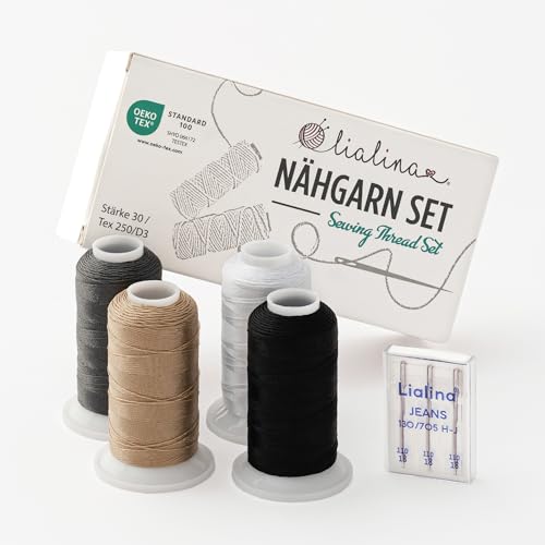 Nähgarn Set 100% Polyester/Extra starkes Garn inkl. Nähmaschinennadeln / 4x 250m (weiß, schwarz, grau, beige) / Ledergarn für dicke Stoffe/OEKO-TEX zertifiziert/Stärke 30 / robuster Zwirn von Lialina