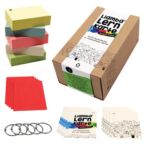 Liamba Lernkarte Pocket Color | 5 x 100 Karteikarten mit praktischen Ringen | Recyclingkarton | DIN A8 Format | 7,4 x 5,2 cm | in 5 Farben | 160g/m² | liniert | in Deutschland hergestellt von Liamba