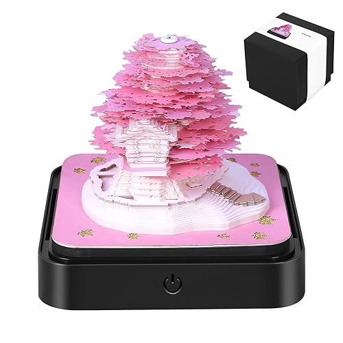 Schreibtischkalender mit Lichtern, 2026 Schreibtisch Kalender 3D Memo Pad Papier Kunst Sakura Baum Kreative 3D Notizblock Papier Schnitzen Geschenk Desktop Dekoration (Rosa Baum) von Liamostee
