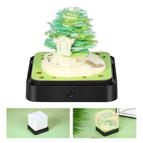 Schreibtischkalender mit Lichtern, 2026 Schreibtisch Kalender 3D Memo Pad Papier Kunst Sakura Baum Kreative 3D Notizblock Papier Schnitzen Geschenk Desktop Dekoration Battery not included(Grüner-Baum) von Liamostee