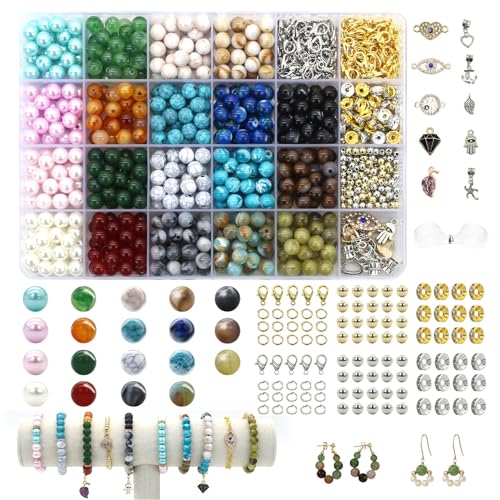 Liangding 1040 Stück Perlen zum Auffädeln, 8mm Perlen Armbänder Selber Machen, Synthetische Edelstein Perlen mit Anhänger Zubehör für DIY Schmuckherstellung Halsketten Ohrringe von Liangding