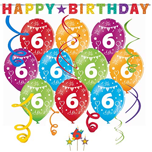 Geburtstag Dekoration Deko-Set 'Stern' Kindergeburtstag Happy Birthday Bunte Partykette farbenfrohe Girlande Spirale Luftballons und Geburtstags-Kerzen (6. Geburtstag) von Libetui