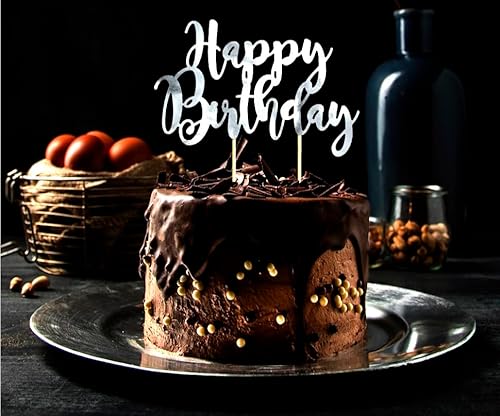Cake Topper Happy Birthday Kuchenstecker Geburtstag Silber Topper Made in EU Kuchendeko Dekoration für Geburtstagstorte Tortenstecker Silber von Libetui
