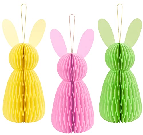 Set 3 große Wabendeko Hase Osterhasen Osterdeko Wabenball Osterhase aus Pappe Bunte Deko zu Ostern, zum Hängen oder Stellen Osterhasen Rosa Gelb Grün, 30cm von Libetui