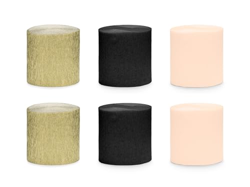 Set 6 Kreppbänder Rolle 10 Meter Breite 5cm Krepppapier Papier Krepp-Band Deko Party Hochzeit Feier Geburtstag DIY Luftschlangen Seidenpapier Crepe Streamer Schwarz-Gold-Pfirsich von Libetui