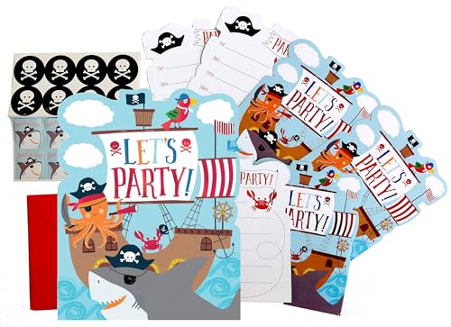 Set 8 Einladungskarten Piraten Abenteuer Einladung Piratenschiff mit Umschlag, Save the Date' Sticker und Aufkleber Partyeinladungen für Kinder Party Kindergeburtstag Jungen Mädchen von Libetui