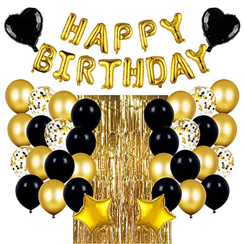 Lichi Schwarz Gold Geburtstagsdeko Folie Fransenvorhang Konfetti Latex Luftballons für Geburtstagsfeier Happy Birthday Banner von Lichi