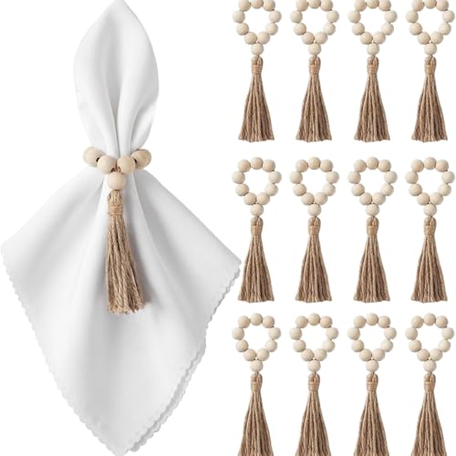 Holzperlen -Serviettenringe mit Quasten, 12 Prozent Flexible dekorative Ringe für das Essen Hochzeit Party Tischdekor/6 Zoll von Licsaliwe