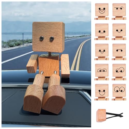 Lidary Wackelfigur Auto Holzfiguren, Wackelkopf Figur Auto, Handgefertigter Wackelfigur mit 12 Austauschbare Ausdrücken, Holzfiguren für Armaturenbrett Dekor (B) von Lidary