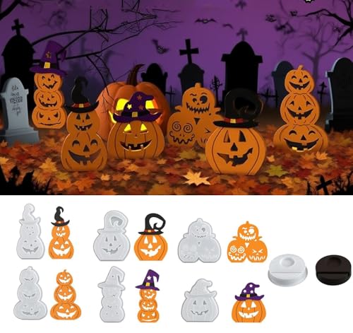 Silikonformen Gießformen Halloween Kürbis | 7er Silikonform Kürbis Gießformen Silikon Kerzenhalter mit Sockel, Silikonform Halloween Teelichthalter Gips zum Gießen (7er) von Lidary