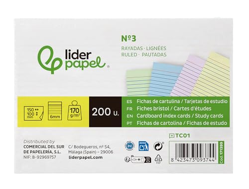 Liderpapel Karteikarte zum Lernen, liniert, farbiger Karton, 170 g/m², 125 x 200 mm, Packung mit 200 Stück. Liderpapel Karteikarte zum Lernen, liniert, farbiger Karton, 170 g/m², 125 x 200 mm, Packung mit 200 Stück. von Liderpapel