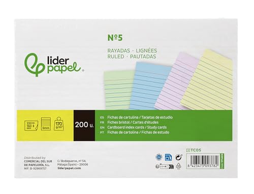 Liderpapel Karteikarte zum Lernen, liniert, farbiger Karton, 170 g/m², 160 x 220 mm, 200 Stück Liderpapel Karteikarte zum Lernen, liniert, farbiger Karton, 170 g/m², 160 x 220 mm, 200 Stück von Liderpapel