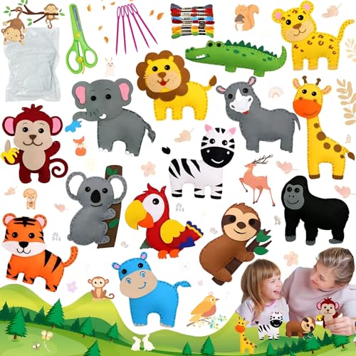 Liekadijiae 14 Stück Filz Waldtiere Bastelset Kinder, DIY Nähset, Niedliches Wildtier-Nähset mit Anleitung und Plüschfilzmaterialien, DIY Bastelset für Kinder ab 5 Jahren von Liekadijiae