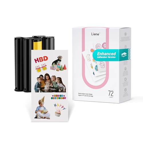Liene Stickerpapier & Patronen (Stärkere Haftung) – 2 Tintenpatronen + 72 Blatt 10x18 cm Fotopapier, wasserfest mit Thermo-Dye-Sublimation, kompatibel mit Liene PixCut S1 von Liene
