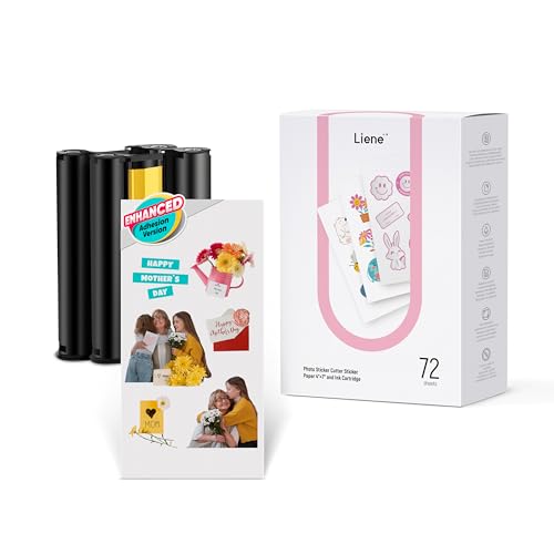 Liene Stickerpapier & Patronen (Stärkere Haftung) – 2 Tintenpatronen + 72 Blatt 10x18 cm Fotopapier, wasserfest mit Thermo-Dye-Sublimation, kompatibel mit Liene PixCut S1 von Liene