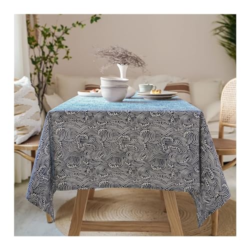 Lieson Rechteckige Tischdecke 135x200 cm, Baumwolle Leinen Tischwäsche Abwaschbar Ozean Welle Muster Tafeldecke für Home Küche Speisetisch Dekoration, Marineblau von Lieson