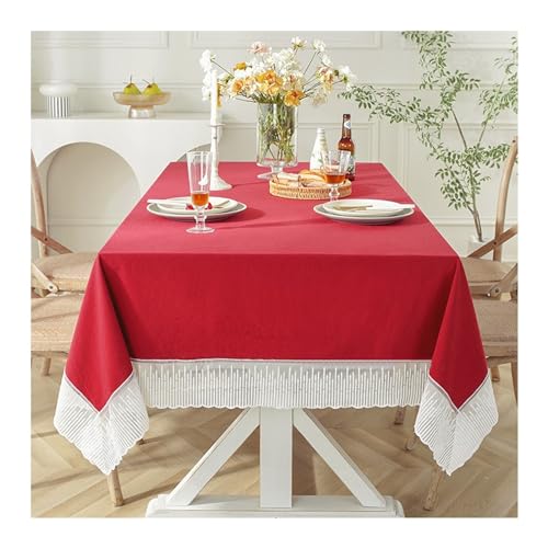 Lieson Rechteckige Tischdecke 150x180 cm, Baumwolle Tischwäsche Abwaschbar Einfarbig mit Spitze Gewellterrand Tafeldecke für Couchtisch, Gartentisch, Rot von Lieson